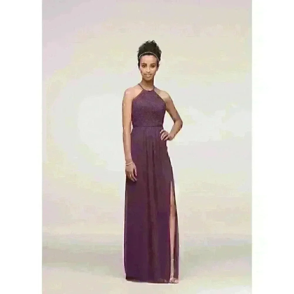 NWT David's Bridal‎ F19608 Plum Long Lace Mesh High Neck Sz 2